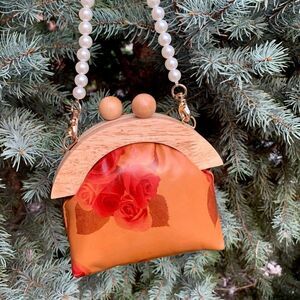 Handmade Genuine Leather Rose Print Wooden Frame Purse with 2 Chains style